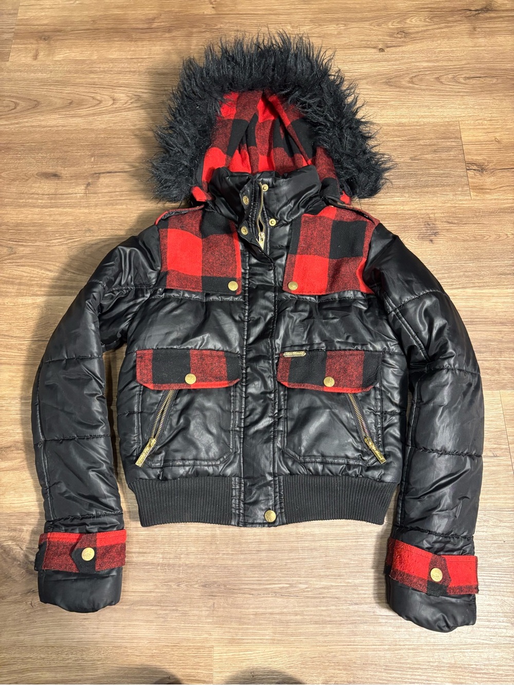 Women’s Vintage Y2K Apple Bottoms Plaid Jacket Fur Hood